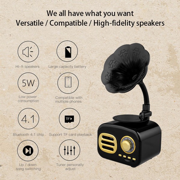 Mini Portable Wireless Audio Wood Speaker Retro Large Volume Gramophone -1517
