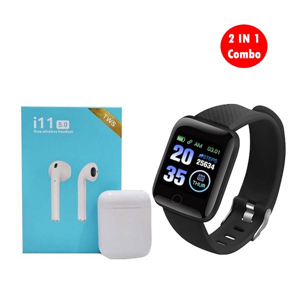 Shop 2 IN 1 Combo Smart Bracelet With i11 Twin Bluetooth Headset